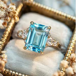<b>Emerald</b> Cut 3 Carat Blue Topaz 925 Sterling <b>Silver</b> Yellow Gold Plated Luxury Vintage Engagement <b>Ring</b> for Party Occasions - Product Image 1
