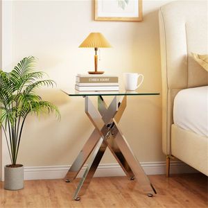 20\" X 20\" X 22.5\" <b>Silver</b> Tempered Glass <b>Side</b> <b>Table</b> with Intersecting Metal Base Elegant Nightstand - Product Image 1
