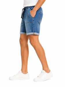 Mens Blue Denim Shorts <b>Elastic</b> Waist Drawstring Casual Summer Short <b>Folded</b> Hem Relaxed Fit Lightweight Comfortable Everyday Wear - Product Image 2