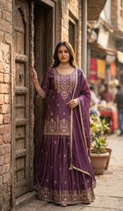 Purple Embroidered Silk Anarkali <b>Suit</b> With Dupatta Floor-Length Traditional Indian Pakistani <b>Women's</b> Wear <b>Wedding</b> <b>Dress</b> - Product Image 3