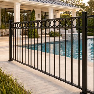 Black Metal Fence Panel Circular Ring Top Vertical <b>Bar</b> Pool Garden Railing for Outdoor Boundary <b>Security</b> Decoration - Product Image 1