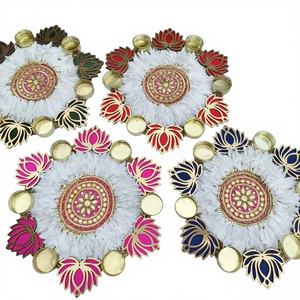 Indian Colorful Lotus Rangoli Set with Metal Candle Holder Festive Home Decor Wedding Gifts Housewarming Favors <b>Table</b> Decoration - Product Image 1