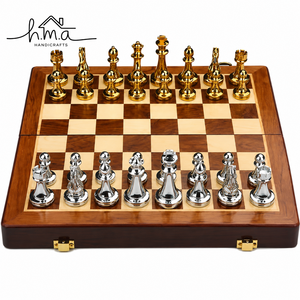 Luxury Brass <b>Chess</b> <b>Set</b> Brown Square <b>Wooden</b> Storage Board Gold Silver and Red Colour Handmade Royal Strategy Game Decor - Product Image 4