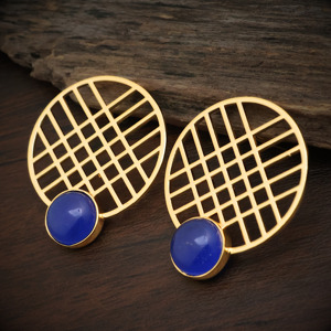 <b>Unique</b> Geometric 18k Gold Plated Grid Earrings with Lapis Lazuli Gemstone – Minimalist Statement Stud Earrings - <b>Gift</b> <b>for</b> <b>her</b> - Product Image 1