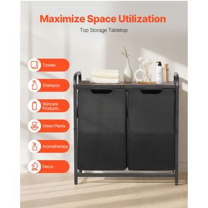 Grande Cesto Portabiancheria Autoportante in Metallo con Piano in Legno e 2 Cestini per un'Organizzazione Efficiente - Product Image 6