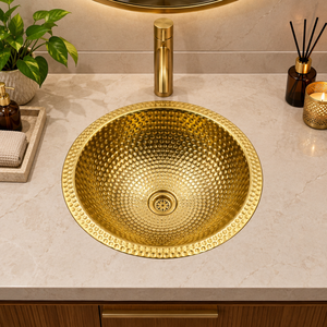 Lavabo encastrable rond à motif alvéolé en laiton doré, cuvette de luxe en laiton, articles sanitaires pour salle de bain d'hôtel - Product Image 2