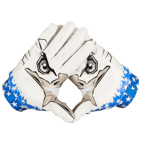 Gants de football personnalisés pour receveur, blancs et bleus avec étoiles, imprimés par transfert thermique, en polyester/coton/métallique, longueur poignet, quatre gants - Product Image 1
