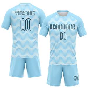 เสื้อวอลเลย์บอลแบบกำหนดเอง ลายคลื่นสีฟ้าอ่อน พิมพ์ลายแบบซับลิเมชั่น ชื่อทีม หมายเลขผู้เล่น ชุดยูนิฟอร์มคอกลมแขนสั้นสำหรับทั้งชายและหญิง - Product Image 1