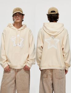 Sweat-shirt à capuche oversize pour homme, couleur crème, avec poche brodée étoile, en polaire décontracté pour l'automne - Product Image 4