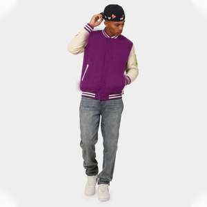 OEM Custom Purple Wool Body Cream Leather Sleeve <b>Varsity</b> <b>Bomber</b> <b>Jacket</b> <b>Men</b> Streetwear College Baseball <b>Jacket</b> Wholesale - Product Image 3