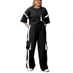 Ensemble 2 pièces pour femmes, style streetwear vintage américain, t-shirt à manches courtes uni + pantalon large à taille haute, été, 100% coton - Product Image 1