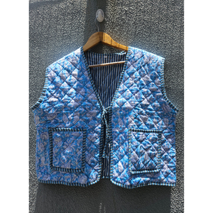 Chaleco Acolchado de Algodón con Estampado Floral Azul, Chaqueta con Cintura Ajustable con Cordón para Mujer, Ropa Exterior Informal, Regalo para Ella - Product Image 1