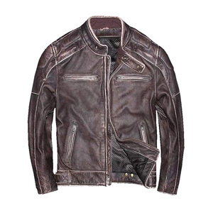 <b>Men's</b> <b>Brown</b> Genuine <b>Leather</b> <b>Jacket</b> Stand Collar Zipper Closure Regular Fit Solid Color Autumn Casual Outerwear Custom Design <b>men</b> - Product Image 3