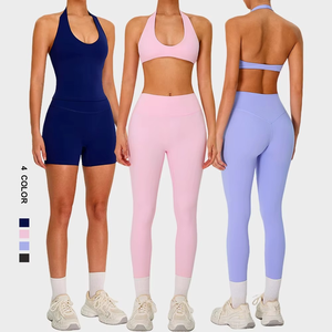 Conjunto de Yoga de 2 Piezas sin Costuras Color Rosa, Top Corto Tipo Halter, Leggings Largos de Cintura Alta, Ropa Deportiva de Color Sólido - Product Image 4