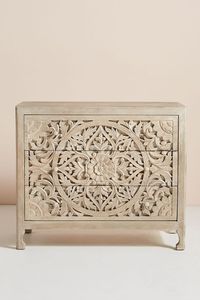 Luxury Handcrafted Solid Wood 3 <b>Drawer</b> Dresser Ornate Floral Mandala Carving Antique Natural Finish - Product Image 5