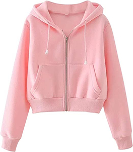 Women's Black <b>Cropped</b> Hoodie <b>Zip</b>-<b>Up</b> Sweatshirt Full Sleeve Solid Color Knitted Cotton Autumn Wear Casual Style - Product Image 4