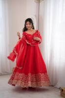 Gaun Anarkali Sutra Berat Gaya India Pakistan yang Indah, dengan Bordir Payet dan Hiasan Batu, Panjang Midi