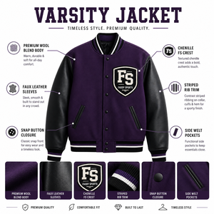 Veste universitaire unisexe Deep Purple avec manches en cuir, patch en chenille, boutons pression sur le devant, logo personnalisé, veste universitaire streetwear OEM - Product Image 5