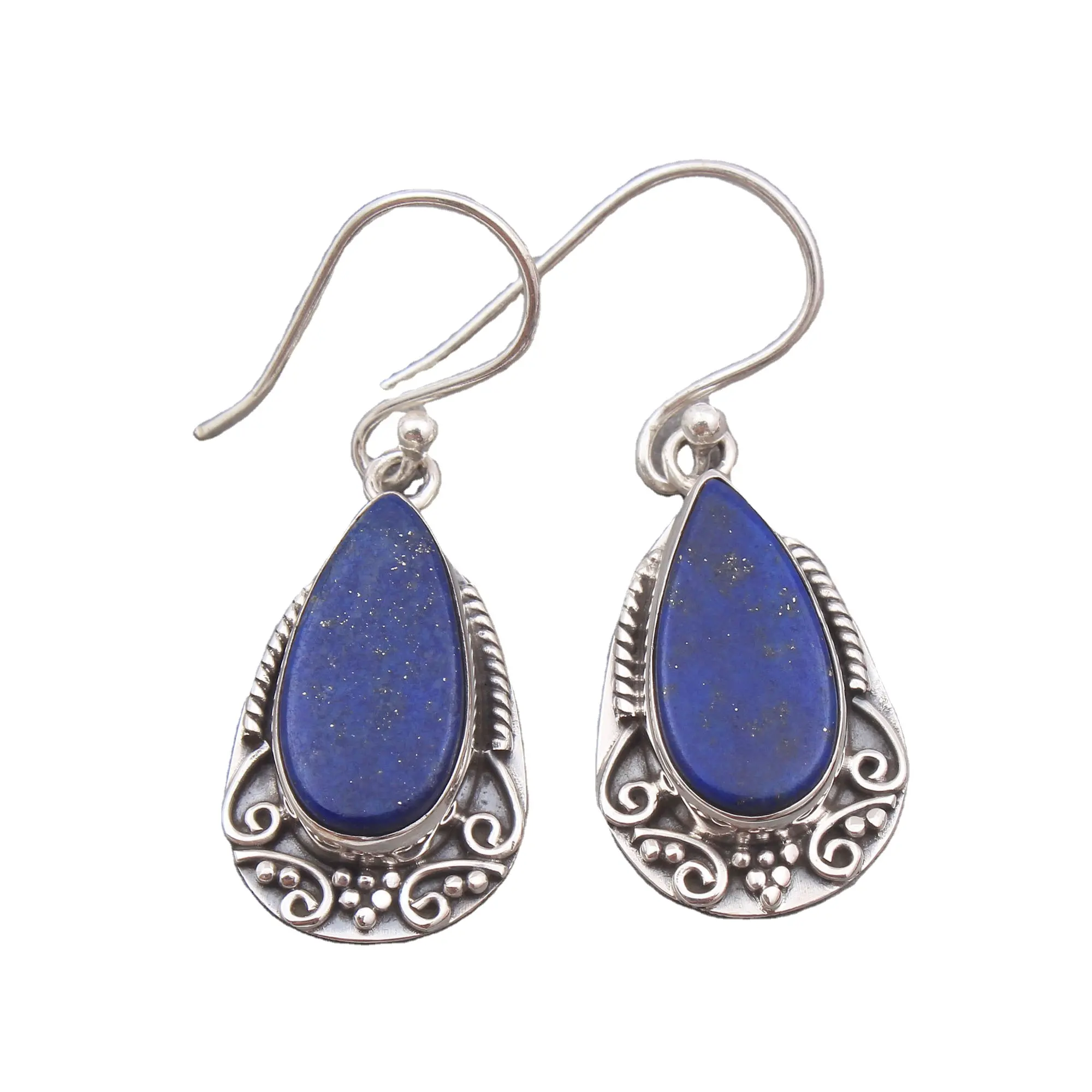 925 Lapis Lazuli ทรงลูกแพร์ธรรมชาติต่างหูแบบห้อยทำด้วยมือจากราวาผู้ผลิตเครื่องประดับ