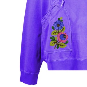 For Cotton Half Zip Hoodie with Floral Embroidery Pockets Unisex Oversized Casual Knitted Fleece Autumn Wear - Product Image 3
