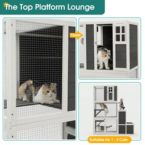 Casetta per Gatti a 3 Piani in Legno per Interni/Esterni con 4 Piattaforme e 2 Porte, Recinto e Box Riposo per 1-3 Gatti, Arredamento per Animali Domestici - Product Image 6