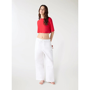 Women's <b>Red</b> <b>Cropped</b> Knitted T-Shirt O-Neck Short Sleeve Loose Fit Solid Color Casual <b>Top</b> Spring Summer Style - Product Image 6