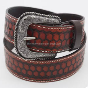 Ceinture en cuir occidental de qualité supérieure, nouvelle conception personnalisée, sculptée et peinte à la main, unisexe, avec boucle en laiton gravée de motifs floraux - Product Image 1