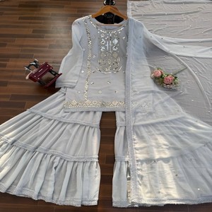 VASTRA COTTAGE Traje Sharara de Georgette Sintético con Bordado de Hilo y Lentejuelas, Conjunto de Top y Dupatta de Diseño con Encaje Elegante para Mujer - Product Image 6