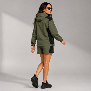 Custom Women's <b>Zip</b> up Streetwear Jacket <b>Shorts</b> Set Cargo <b>Pocket</b> Water Resistant Nylon Blend Utility Embroidery Logo OEM Supplier - Product Image 2