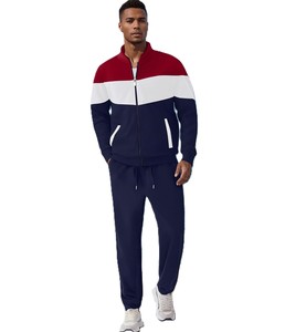 Men's Color Block Tracksuit Full Zip Sporty <b>Jogger</b> Set Red <b>White</b> Navy Polyester Cotton Autumn Wear - Product Image 3