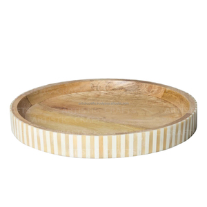 Plateau rond rouge et blanc en incrustation d'os fait à la main Vintage plateau en bois maison cuisine Table décoration rayure Design plateau - Product Image 2