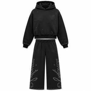Ensemble de survêtement personnalisé noir à strass pour femme, sweat à capuche court et pantalon large, deux pièces scintillantes - Product Image 2