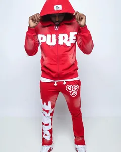 Fabricante de chándal con estampado de pantalla para hombre, sudaderas con capucha y pantalones de chándal acampanados, chándales de calle Vintage desgastados - Product Image 4