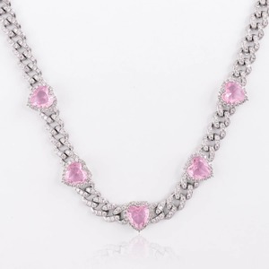 Collier en chaîne cubaine plaqué rhodium avec cœur rose et pierres CZ pour homme et femme, bijoux de luxe pour mariage et fête - Product Image 2