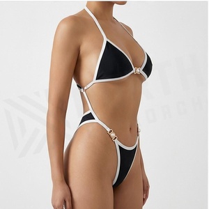 Ensemble de bikini contrasté noir et blanc pour femmes, haut triangle à col halter, bas string, décor perlé, maillot de bain en spandex et nylon - Product Image 3