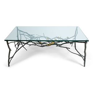 Mesa tapizada de lujo Saleem International 2026 con base decorativa de hoja de ginkgo en metal dorado para entrada o dormitorio - Product Image 3