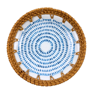 Handmade Ceramic Vintage Durable Serving <b>Bowl</b> Eco-Friendly Rattan Woven Edge Decorative <b>Blue</b> Dot Spiral Pattern Home Kitchen - Product Image 4