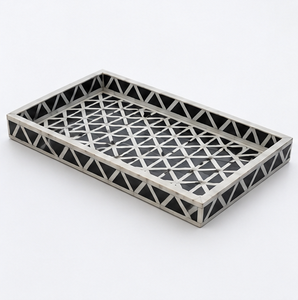 Plateau décoratif géométrique noir et blanc avec incrustation de corne, base en bois massif, fait main, pour service, table basse, décoration intérieure, vente en gros - Product Image 1