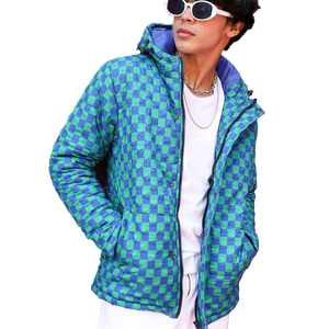 Men's Blue Green Plaid Hooded Puffer Jacket Windproof Casual Winter Outerwear Regular Fit Zipper Closure Polyester Shell - Product Image 1