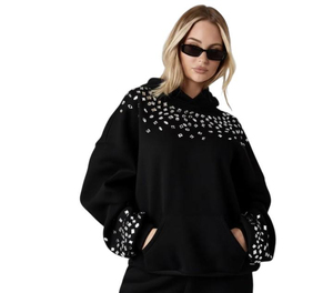 <b>Women's</b> Custom <b>Black</b> Rhinestone Hoodie Oversized Drop Shoulder Yoke Cuffs Heavy <b>Fleece</b> Pullover Sweatshirt OEM - Product Image 1