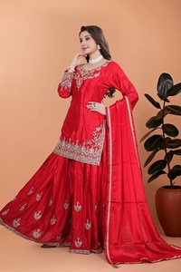 Recién lanzado Colección de moda Fancy Flared Kurta Plazzo Dupatta Pure Chinon Seda Atractivo Bordado Salwar Kameez - Product Image 2