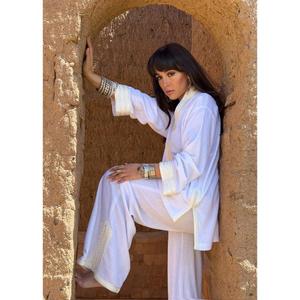 Ensemble deux pièces en velours de soie Kamla, tissu doux, longueur ras du sol, tenue traditionnelle d'été, haut à col montant sans plis Sfifa - Product Image 4