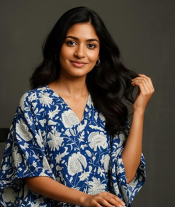 Indigo Blue Cotton <b>Kaftan</b> Dress with Jaipuri Hand Block Floral Prints, Summer Loungewear Resort Wear V-Neck Loose Fit <b>Maxi</b> Dress - Product Image 1