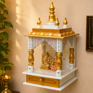 Meilleure vente de haute qualité blanc doré petit sanctuaire petit bois Pooja Mandir tenture murale pour la maison culte mariages anniversaires - Product Image 1