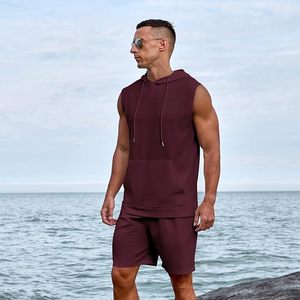 Conjunto Deportivo de Hombre sin Mangas con Capucha, Color Sólido, Secado Rápido, Transpirable, Informal, para Verano, Ligero, Pantalones Cortos de Poliéster - Product Image 3