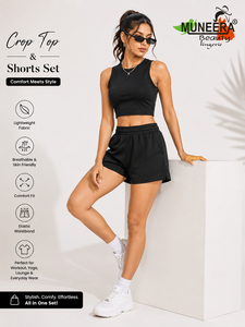Conjunto de Top Corto y Pantalones Cortos para Mujer, Sin Mangas, Color Negro Sólido, Ligero, Transpirable, Cómodo, para Todas las Temporadas, Ropa Deportiva, Bra Deportivo, Ropa Interior, Yoga - Product Image 1