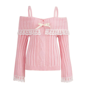 Pulls à manches longues pour femmes avec dentelle en tricot et nœud devant Tops Rose Taille M - Product Image 1