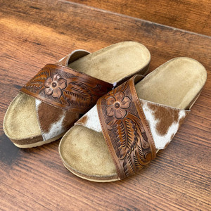 Sandalias cruzadas florales con herramientas a mano occidentales, sandalias deslizantes de cuero de vaca con pelo genuino, chanclas para exteriores, calzado de mujer - Product Image 4