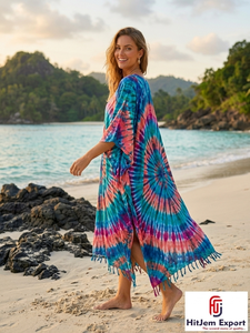 Bohemian Tie Dye Kaftan Dress Women Loose Batwing Sleeve <b>Ankle</b> Length Summer Beach Cover Up Viscose Polyester - Product Image 3
