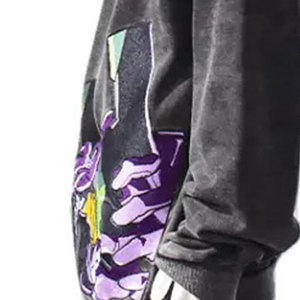 เสื้อฮู้ดดี้โอเวอร์ไซส์ผู้ชายสไตล์วินเทจสีดำฟอกยีนส์ ผ้าฟลีซผสมสแปนเด็กซ์/คอตตอน ลายอนิเมะ EVA Unit 01 สไตล์ฮิปฮอป - Product Image 5